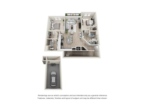 A floor plan of a house with a garage and a car.